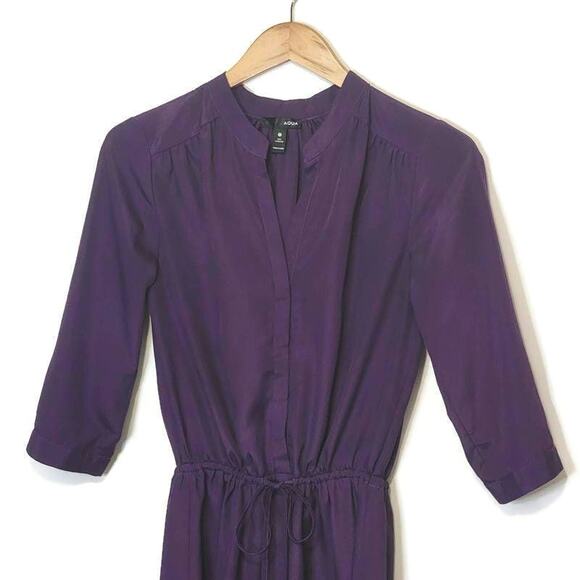 Aqua V Neck Purple Mini Dress Long Sleeve Drawstring Tie Waist Workwear Party S - Picture 3 of 13